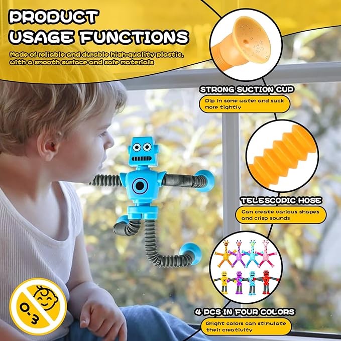 CHESLICR Autism Sensory Toys for Kid Boys Year Old Ages 4 5 6 7 8 9 10(4PCS), Suction Robot Toy Pop Tube Fidget Toys Autistic Travel Toys Valentine's Day Gift Easter Basket Stocking Stuffer for Kids - Image 2