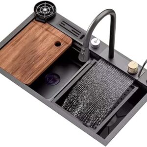 Kitchen Sink Set 304 Stainless Steel Nano Raindance Waterfall Sink Home Sink Vegetable Basin Single Sink Workstation With Pull-Out Faucet Pressurized Cup Washer1 Tool Holder Honeycomb Embossing Sink