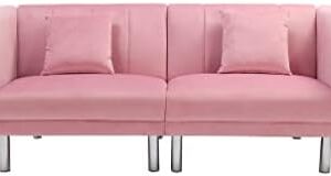 Modern Velvet Fabric Sofa Bed Futon with 2 Pillows，Couch with 3 Adjustable Angles，Convertible Small Loveseat Folding Sleeper Sofa Bed for Compact Living Spaces，Bedroom，Apartment，Office Dorms (Pink)