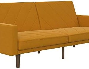 DHP Paxson Convertible Futon Couch Bed with Linen Upholstery and Wood Legs - Mustard
