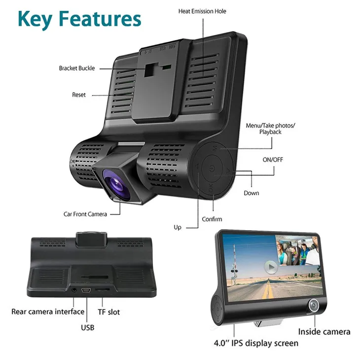 EKLEVA Car DVR 3 Cameras Lens 4.0 Inch HD Dash camera 3 way car Dual Lens With Rear View Camera Video Recorder Auto Dash Cam - Image 2