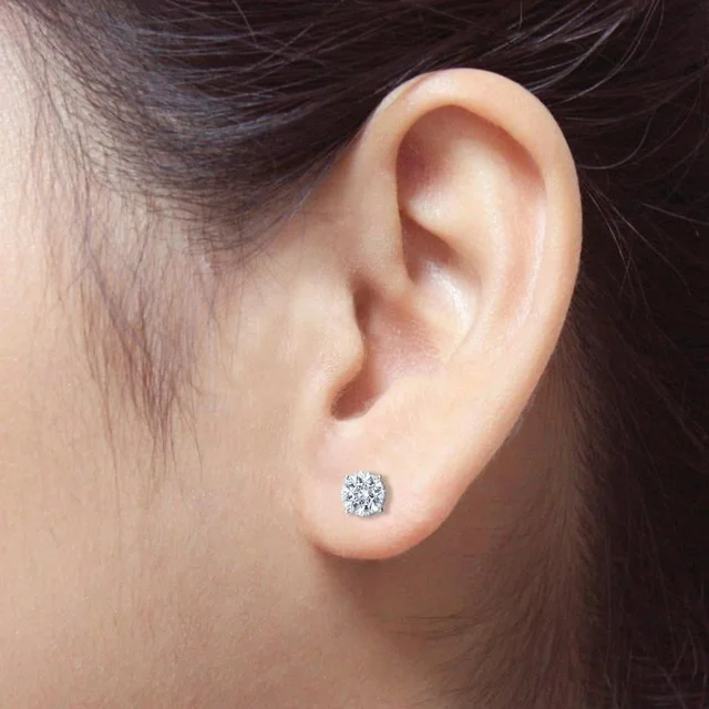 JeenMata 4 Prong 2 Carat Round Shaped Moissanite Solitaire Stud Earrings In 18K White Gold Plating Over Silver - Image 2