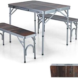 ALPHA CAMP 3PCS Folding Camping Table and Benches Set 4FT Aluminum Camping Table Portable Picnic Dining Table Lightweight Folding Card Table w/Handle for Indoor Outdoor Patio Backyard Party