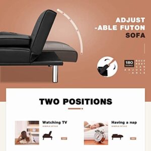 Flamaker Futon Sofa Bed Modern Faux Leather Couch， Convertible Folding Recliner Lounge Futon Couch for Living Room with 2 Cup Holders with Armrest