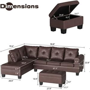 DKLGG Living Room Sectional Couch with Storage Ottoman, Modern PU Leather L-Shaped Sofa Couch Set, Brown Modular Sofa Sectional w/Cup Holder, Living Room Furniture Set for Apartment, Small Space