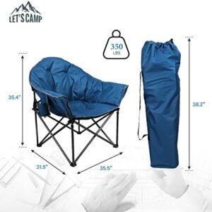 LET’S CAMP Heavy-Duty Oversize Camping Chair Round Moon Saucer Chair Padded with Cup Holder and Carry Bag Folding Chair，Navy