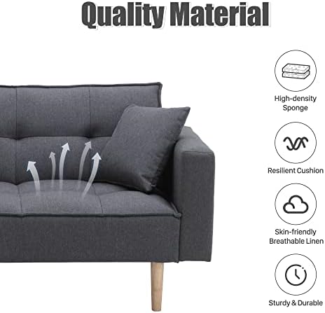civama Futon Sofa Bed Modern Fabric Twin Size 76 Convertible Sofa with 2 Pillows Linen Sofa with Solid Wooden Legs, Folding Lounge Couch for Living Room Dark Gray Large Grid - Image 4