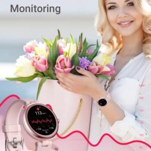 Smart Watches for Women Waterproof， Round Women’s Watch Compatible with iPhone Android Phones Fitness Tracker Reloj para Mujer with Heart Rate Monitor Pedometer Sleep Tracker Pink (2 Bands)， LYNN