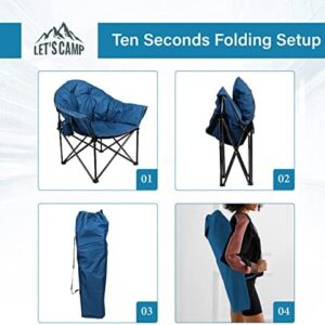 LET’S CAMP Heavy-Duty Oversize Camping Chair Round Moon Saucer Chair Padded with Cup Holder and Carry Bag Folding Chair，Navy