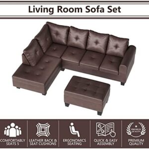 DKLGG Living Room Sectional Couch with Storage Ottoman, Modern PU Leather L-Shaped Sofa Couch Set, Brown Modular Sofa Sectional w/Cup Holder, Living Room Furniture Set for Apartment, Small Space