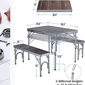 ALPHA CAMP 3PCS Folding Camping Table and Benches Set 4FT Aluminum Camping Table Portable Picnic Dining Table Lightweight Folding Card Table w/Handle for Indoor Outdoor Patio Backyard Party