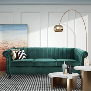 Chesterfield Sofa for Living Room， 3 Seater Velvet Couch Home Theater Seating Upholstered Accent Arm Sofa for Bedroom， Office， Apartment (Drak Green)