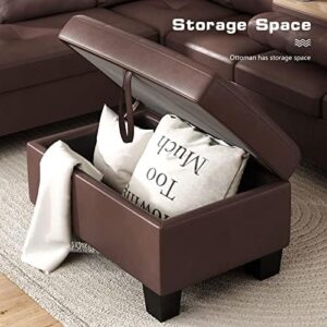 DKLGG Living Room Sectional Couch with Storage Ottoman, Modern PU Leather L-Shaped Sofa Couch Set, Brown Modular Sofa Sectional w/Cup Holder, Living Room Furniture Set for Apartment, Small Space