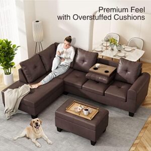 DKLGG Living Room Sectional Couch with Storage Ottoman, Modern PU Leather L-Shaped Sofa Couch Set, Brown Modular Sofa Sectional w/Cup Holder, Living Room Furniture Set for Apartment, Small Space