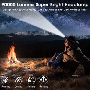 AMAKER LED Rechargeable Headlamp, 90000 Lumens Super Bright with 6 Modes & IPX7 Level Waterproof USB Rechargeable Zoom Headlamp, 90° Adjustable for Outdoor Camping, Running, Cycling,Climbing,Etc.