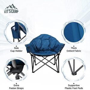 LET’S CAMP Heavy-Duty Oversize Camping Chair Round Moon Saucer Chair Padded with Cup Holder and Carry Bag Folding Chair，Navy