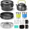 Odoland 15pcs Camping Cookware Mess Kit， Non-Stick Lightweight Pot Pan Kettle Set with Stainless Steel Cups Plates Forks Knives Spoons for Camping， Backpacking， Outdoor Cooking and Picnic