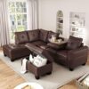 DKLGG Living Room Sectional Couch with Storage Ottoman， Modern PU Leather L-Shaped Sofa Couch Set， Brown Modular Sofa Sectional w/Cup Holder， Living Room Furniture Set for Apartment， Small Space