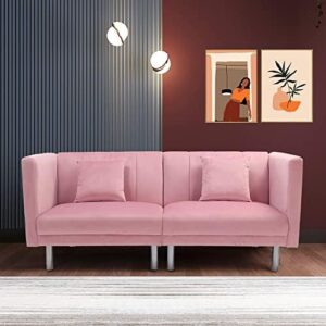 Modern Velvet Fabric Sofa Bed Futon with 2 Pillows，Couch with 3 Adjustable Angles，Convertible Small Loveseat Folding Sleeper Sofa Bed for Compact Living Spaces，Bedroom，Apartment，Office Dorms (Pink)