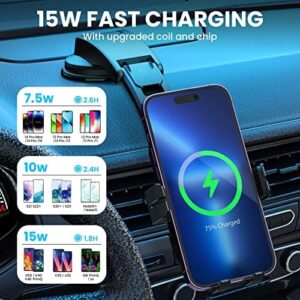Wireless Car Charger， GEODMAER 15W Fasting Charging Auto Clamping Car Charger Phone Mount， Air Vent Phone Holder for iPhone 14/13/12， Samsung Galaxy S22/S21/S20/Z Flip， Google Pixel 7/6/5， Etc