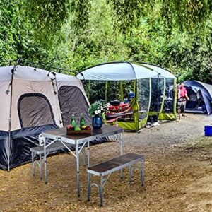 ALPHA CAMP 3PCS Folding Camping Table and Benches Set 4FT Aluminum Camping Table Portable Picnic Dining Table Lightweight Folding Card Table w/Handle for Indoor Outdoor Patio Backyard Party
