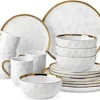 LOVECASA White and Gold Dinnerware Sets, Stoneware Dish Set for 4, 16 Piece Kitchen Plates and Bowls Sets, Handmade Dinner Set with Gold Trim