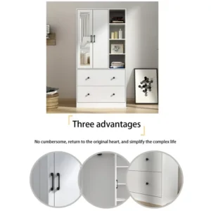 Hitow 2 Door Wardrobe Armoire, White Closet Storage Organizer with Two Drawers, Telescopic Clothing Rod and Shelves for Bedroom