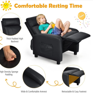 Costzon Kids Recliner, Adjustable PU Leather Lounge Chair w/Side Pockets, Footre