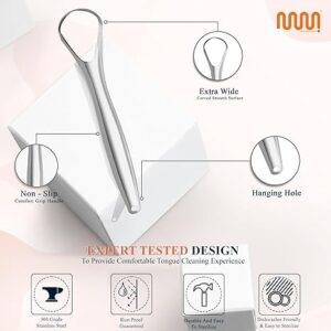 MasterMedi Tongue Scraper with Multicolor Cases (2 Pack), 100% Stainless Steel, Reduce Bad Breath, Easy to Use Tongue Scraper for Adults, Tongue Cleaner for Oral Care & Hygiene
