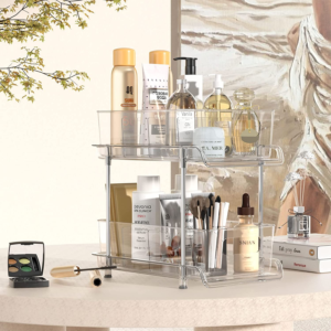2 Tier Bathroom Storage Organizer with Dividers, Clear under Sink Organizers