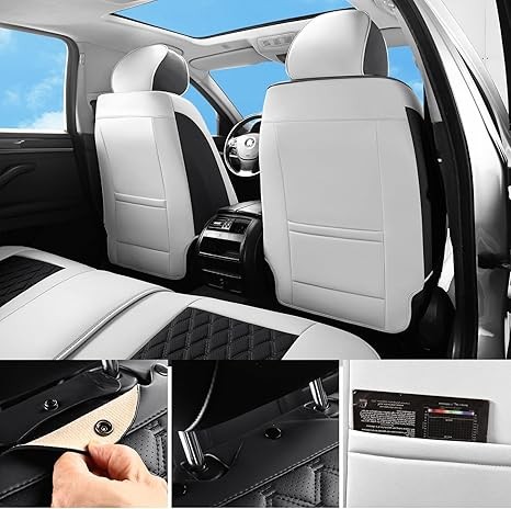 Car Seat Covers Full Set, Luxury Leather Waterproof Non-Slip Seat Protector Universal Fit for Most Cars SUVs Trucks Pick-ups,White and Black Car Accessories Interior(Full Set White) - Image 2