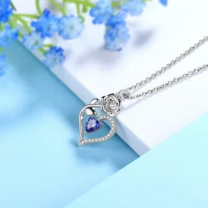 Beautlace 925 Sterling Silver Birthstone Necklace for Women,Rose Flower Heart Pendant Necklace Fine Jewelry Anniversary Birthday Christmas Gifts for her