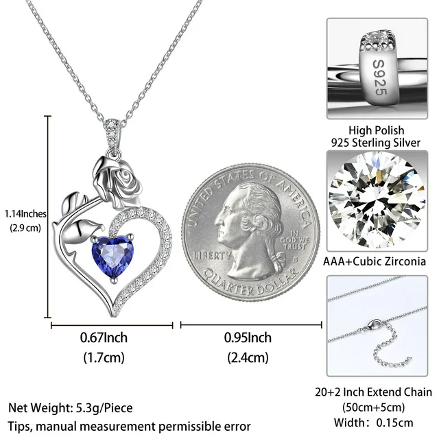Beautlace 925 Sterling Silver Birthstone Necklace for Women,Rose Flower Heart Pendant Necklace Fine Jewelry Anniversary Birthday Christmas Gifts for her - Image 3