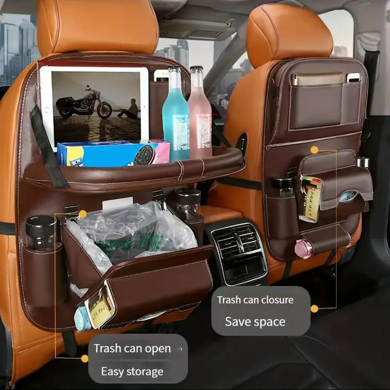 1pc Car Seat Back Faux Leather Luxury Storage Bag With Dining Tray Tissue Box Garbage Bag Hanging Bag Rear Seat Back Storage Bag