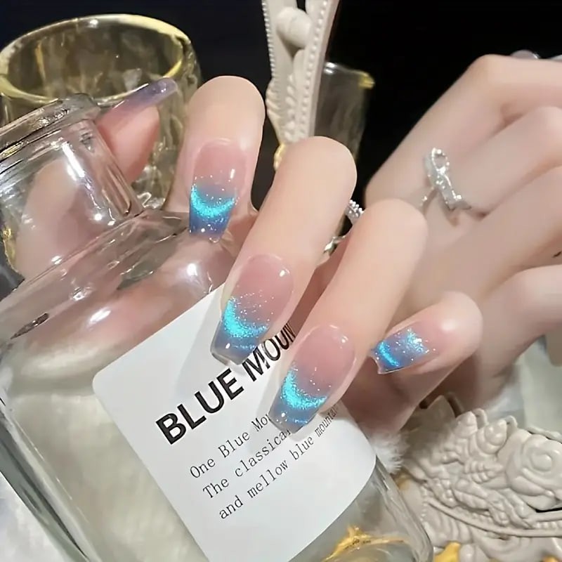 24pcs Aurora Blue Gradient Press On Nails, Glitter Fake Nails With Chameleon Effect, Long Ballet Shape Sparkle False Nails For Women Girls - Image 4