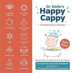 Happy Cappy Dr. Eddie’s Medicated Shampoo for Children, Treats Dandruff & Seborrheic Dermatitis, No Fragrance, Stops Flakes and Redness on Sensitive Scalps and Skin, Cradle Cap Brush Not Needed, 8 Oz