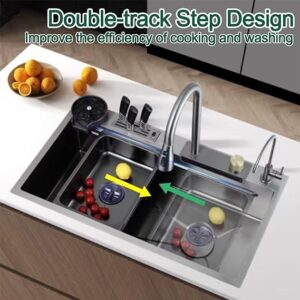 Kitchen Sink Set 304 Stainless Steel Nano Raindance Waterfall Sink Home Sink Vegetable Basin Single Sink Workstation With Pull-Out Faucet Pressurized Cup Washer1 Tool Holder Honeycomb Embossing Sink