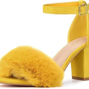 Allegra K Women's Faux Fur Ankle Strap Block Heels Sandals