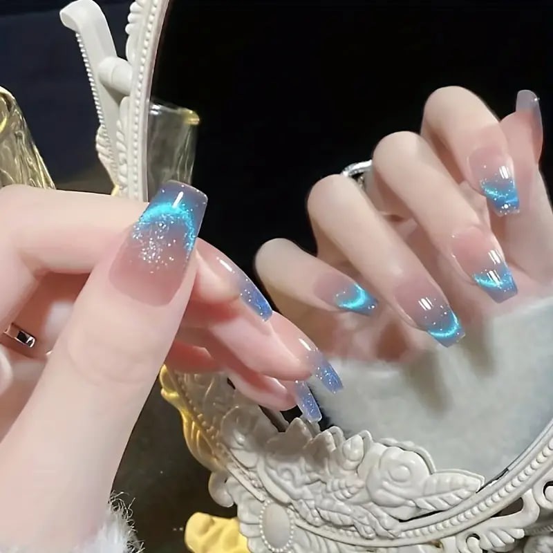 24pcs Aurora Blue Gradient Press On Nails, Glitter Fake Nails With Chameleon Effect, Long Ballet Shape Sparkle False Nails For Women Girls - Image 2
