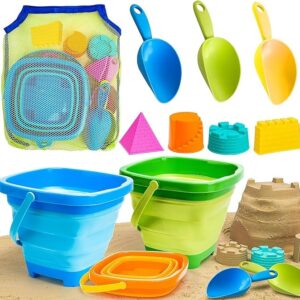 AuntyFey Collapsible Beach Toys Sand Toys for Toddlers 1-3, Beach Toy Sand Toy for Kids Ages 4-8, Collapsible Beach Sand Buckets Toys for Kids, Sandbox Toys for Toddler with Castle Sand Molds Shovels