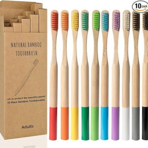 Bamboo Toothbrush for Adult 10pcs, Biodegradable Eco-Friendly Natural Organic Bamboo Charcoal Toothbrushes Soft Bristles (Multi-Color 10 Pack)