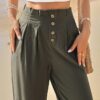 MakeMeChic Women's Casual Solid Linen Paperbag Waist Lounge Pants Button Pleated Tapered Trousers Pants