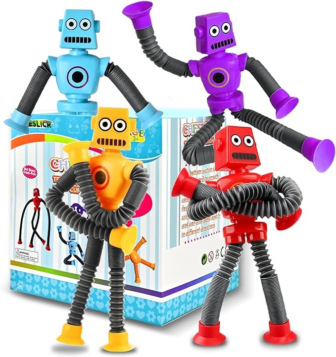 CHESLICR Autism Sensory Toys for Kid Boys Year Old Ages 4 5 6 7 8 9 10(4PCS), Suction Robot Toy Pop Tube Fidget Toys Autistic Travel Toys Valentine's Day Gift Easter Basket Stocking Stuffer for Kids