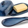 Hasense Ceramic Spoon Rest and Butter Dish Set, 2 Pieces Navy Reactive Glaze Dinnerware Accessories Set Perfect for Home Decor, Kitchen Housewarming Gift