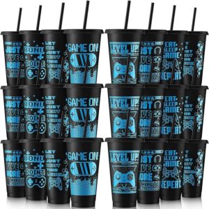 Mifoci 24 Pcs Video Game Plastic Cups with Lids and Straws Reusable Tumbler with Lid and Straw Cute Iced Coffee Travel Cups Mug Water Bottle for Adult Kid Gaming Birthday Party Supplies (Black,Blue)