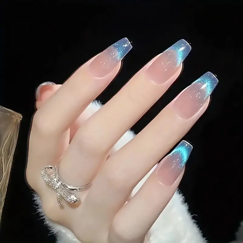 24pcs Aurora Blue Gradient Press On Nails, Glitter Fake Nails With Chameleon Effect, Long Ballet Shape Sparkle False Nails For Women Girls - Image 3