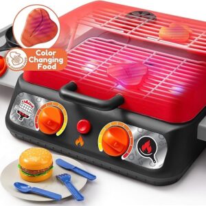 Extra Large 2-Layer BBQ Grill Playset with Pretend Smoke, Light, Sound & Color-Changing Food, Kitchen Toy Set,Pretend BBQ Grill Toy Set for Kids (25X13X12 Inch)