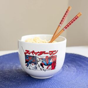 Silver Buffalo Marvel Spider-Man Japanese Manga Comic Panels Ceramic Ramen Noodle Rice Bowl with Chopsticks, Microwave Safe, 20 Ounces