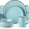 vancasso Navia Ceramic Dinnerware Set, 16 pieces Set of 4 Stoneware Spray Spot Patterned Service Dish with Dinner Plates, Salad Plates, Bowls, Mugs - Light Blue