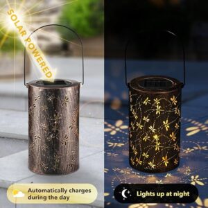 Set of 2 Solar Lanterns Outdoor Hanging Lantern Lights, 3D-Dynamic Dragonfly Hollowed-Out Metal Decor Lantern, Waterproof LED Decorative Garden Light for Patio, Yard, Pathway, Landscape